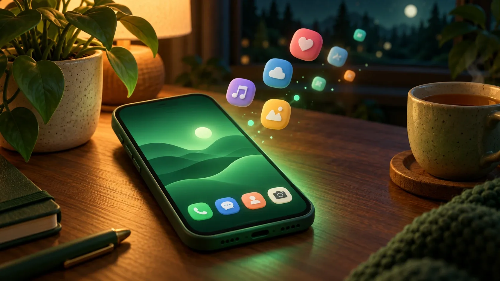 Smartphone à l'écran épuré dont les icônes d'applications s'envolent