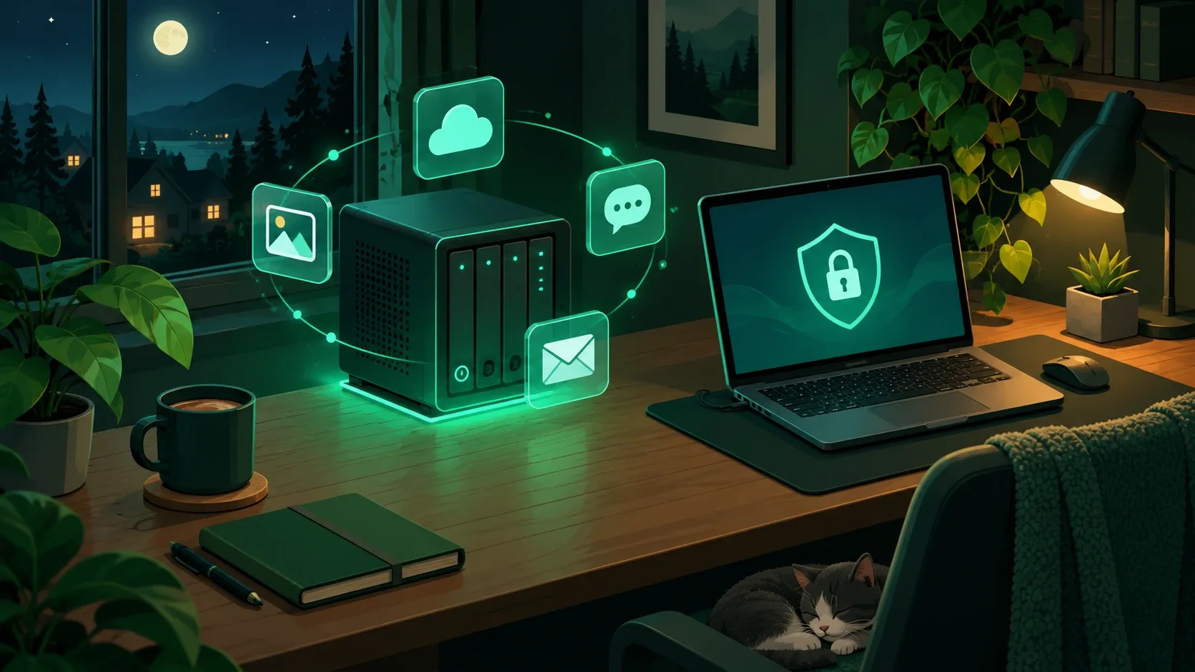 Petit serveur maison sur un bureau, entouré d'icônes de cloud, photos, messages et e-mail