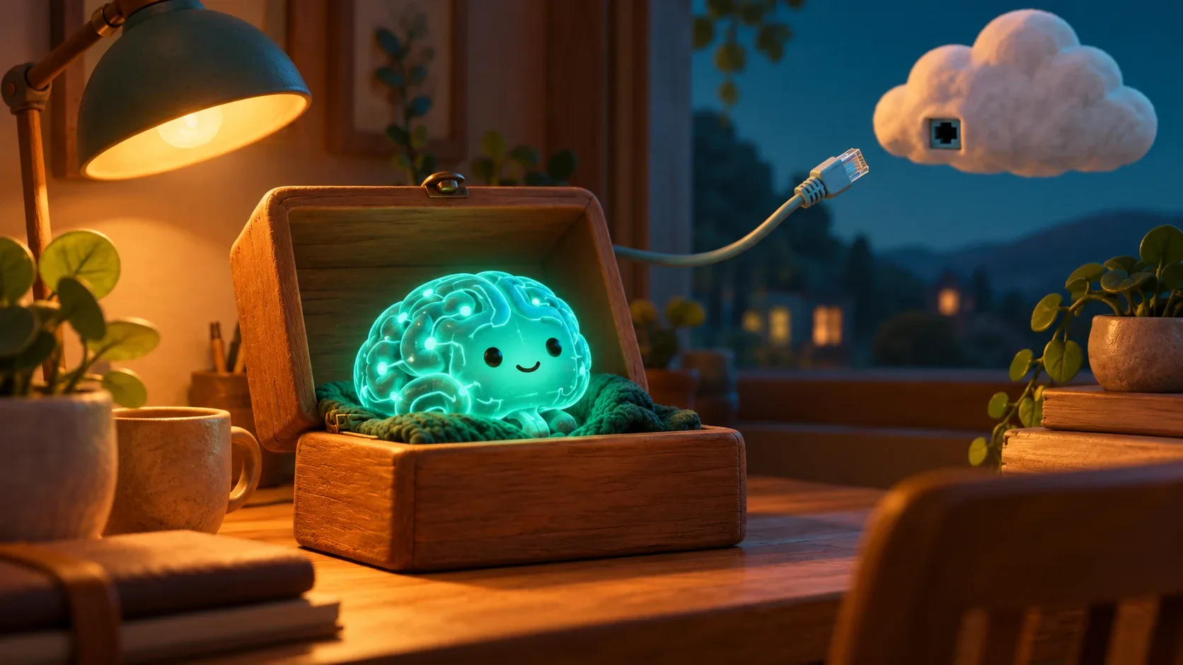 Cerveau d'IA lumineux dans une boîte en bois, débranché du cloud