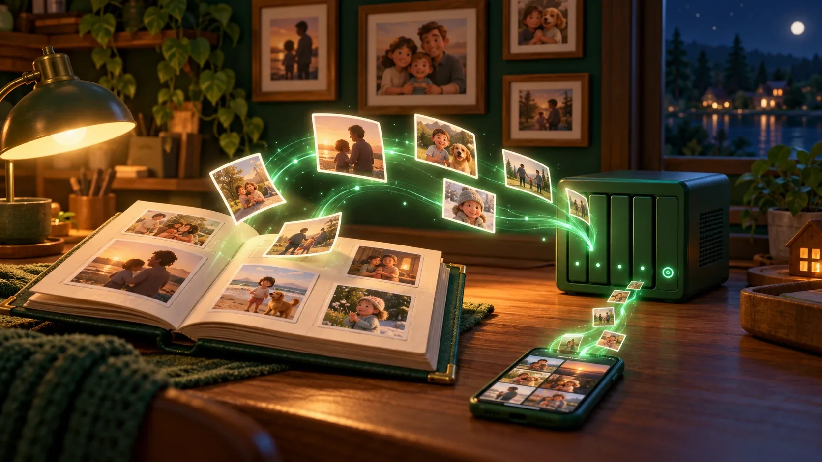 Photos d'un album de famille qui s'envolent vers un petit serveur maison et un smartphone